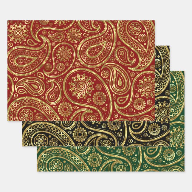 Gold tone paisley pattern wrapping paper sheets (Set)