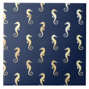 Gold Tone Seahorses over Navy Blue Ceramic Tile
