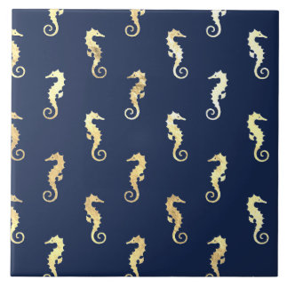Gold Tone Seahorses over Navy Blue Ceramic Tile