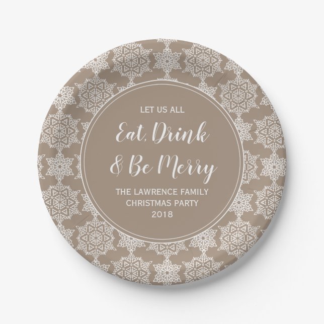 Gold Tone Snowflake Eat Drink Christmas Party Paper Plates (Front)