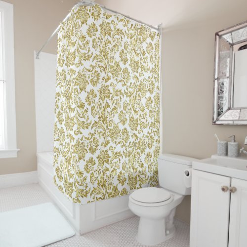 Gold Tone Vintage Floral Damasks On White Shower Curtain