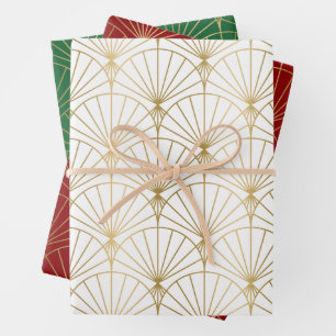 Gold tones Art Deco pattern on white, red, green Wrapping Paper Sheets