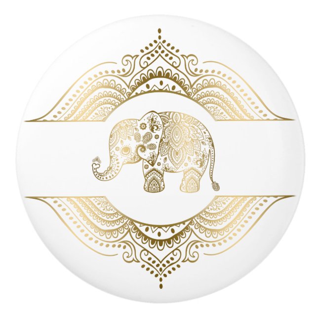 Gold Tones Cute Elephant & Lace Ceramic Knob (Front)