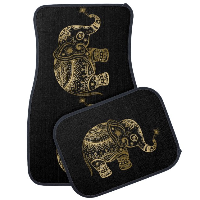 Gold Tones Cute Tribal Elephant Car Mat (Set)