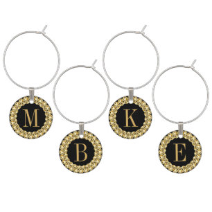Gold Tones Diamonds Circle Frame Monogram Wine Charm