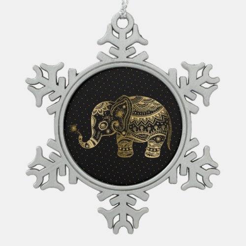 Gold Tones Elephant Illustration Snowflake Pewter Christmas Ornament