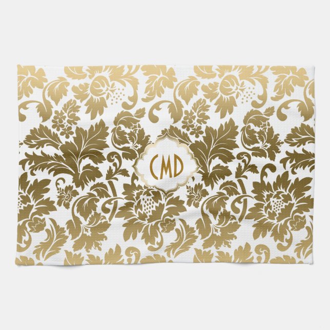 Gold Tones Floral Damasks Monogramed Kitchen Towel (Horizontal)