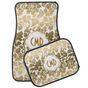 Gold Tones Floral Damasks Over White Background Car Floor Mat