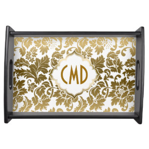 Gold Tones Floral Damasks Over White Background Serving Tray