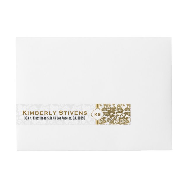 Gold Tones Floral Damasks Over White Background Wrap Around Address Label (Front)