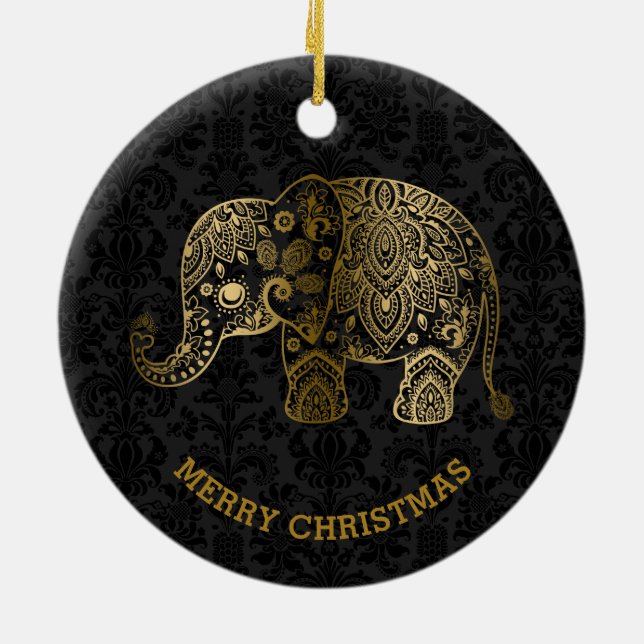Gold Tones Floral Elephant On Black Damasks Ceramic Ornament (Back)