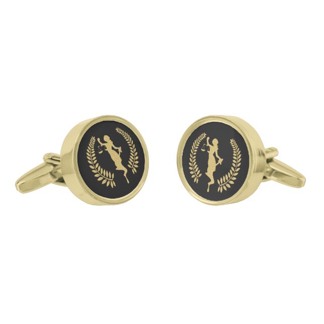 Gold tones lady justice on black cufflinks (Angled)