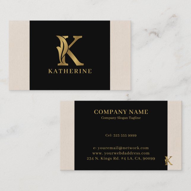 Gold tones letter K floral decorative Business Card (Front/Back)