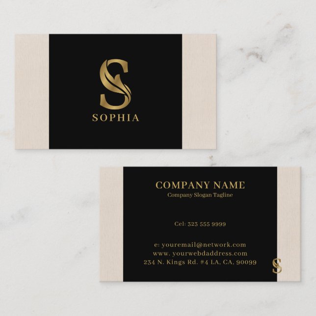 Gold tones letter S floral decorative Business Card (Front/Back)