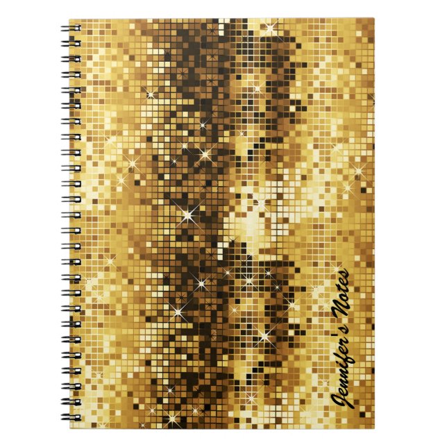 Gold Tones Retro Discoball Glitter Notebook (Front)