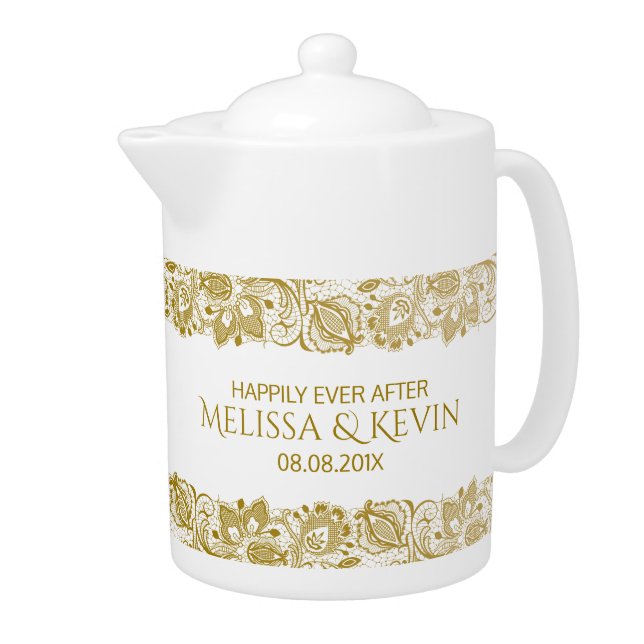 Gold Tones Vintage Lace Wedding Template Teapot (Right)