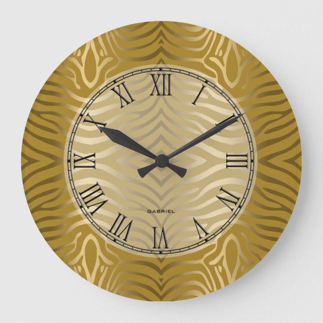 Gold Tones Zebra Stripes Pattern Large Clock (Front)