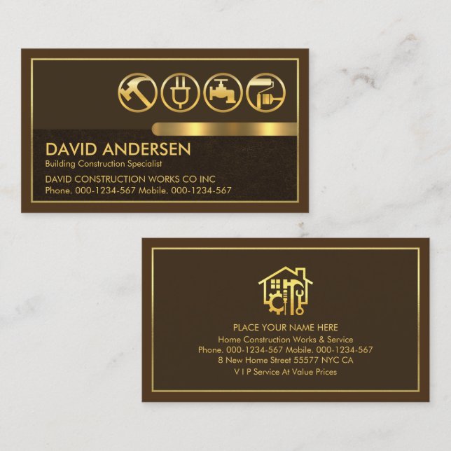 Gold Tools On Brown Layers Gold Frame Business Card (Front/Back)