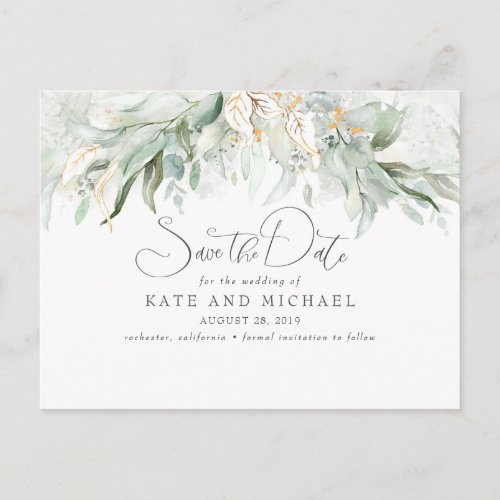 Gold Touch Greenery Romantic Save the Date Postcard