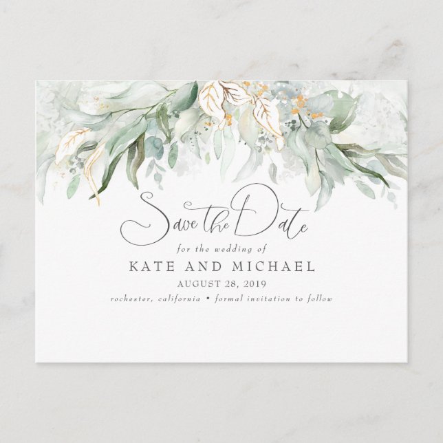 Gold Touch Greenery Romantic Save the Date Postcard (Front)