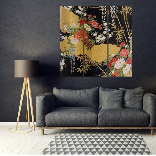Gold Traditional Japanese Floral Wall Art Triptych (Creator Uploaded)