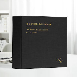 Gold Travel Journal Black Linen Fabric Monogram 3 Ring Binder