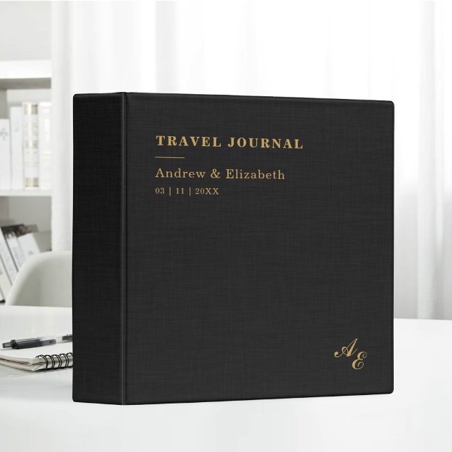 Gold Travel Journal Black Linen Fabric Monogram 3 Ring Binder (Creator Uploaded)