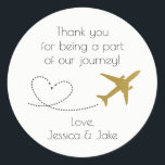 Gold, Travel Themed Thank You Stickers- Favors Classic Round Sticker<br><div class="desc">These stickers, designed by Esthetic Journeys, feature a solid background with an adorable airplane and heart graphic. They are perfect for the destination wedding or for the couple who loves to travel. Perfect addition to your save the dates, use on the envelope for a special touch. These stickers can be...</div>