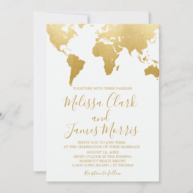 Gold Travel World Map Wedding Invitation (Front)