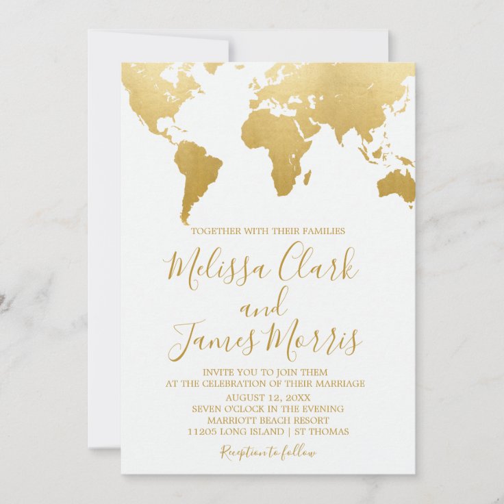 Gold Travel World Map Wedding Invitation | Zazzle