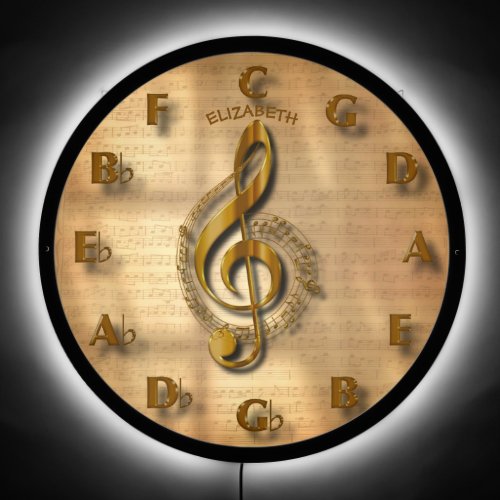 Gold Treble Clef Clock With Circle Of Fifths Music LED Sign