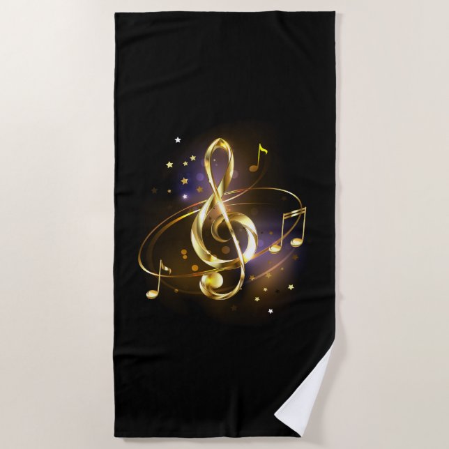 Gold Treble Clef Music Beach Towel (Front)