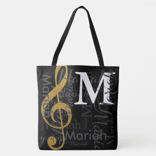 gold treble clef music note monogram with name tote bag