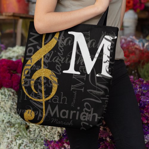 Gold treble clef music note monogram with name tote bag
