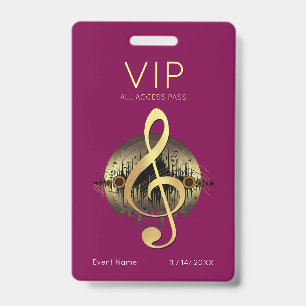 Gold Treble Clef VIP All Access Deep Burgundy Badge