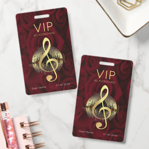 Gold Treble Clef VIP All Access Elegant Rose Badge