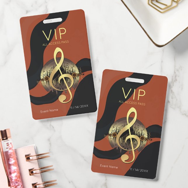 Gold Treble Clef VIP All Access Orange Wave Design Badge (Office)