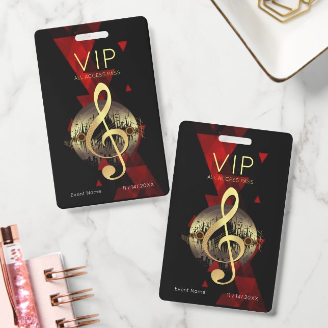 Gold Treble Clef VIP All Access Red Abstract  Badge (Office)