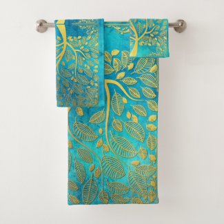 Gold Tree and Leaves Reflection on Turquoise Blue