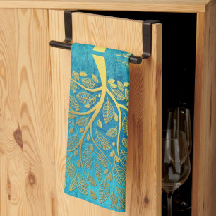 Gold Tree and Leaves Reflection on Turquoise Blue Kitchen Towel