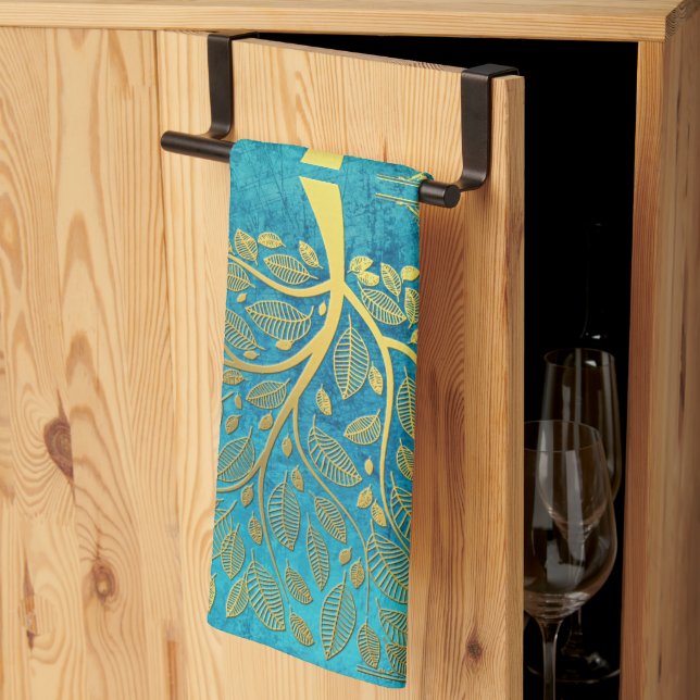 Gold Tree and Leaves Reflection on Turquoise Blue  Kitchen Towel (Thirds Fold)