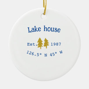 Gold tree blue lake house add coordinate year fami ceramic ornament
