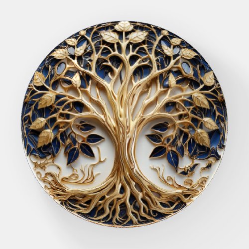 Gold Tree Blue Metallic Leaves White Enamel Paperweight