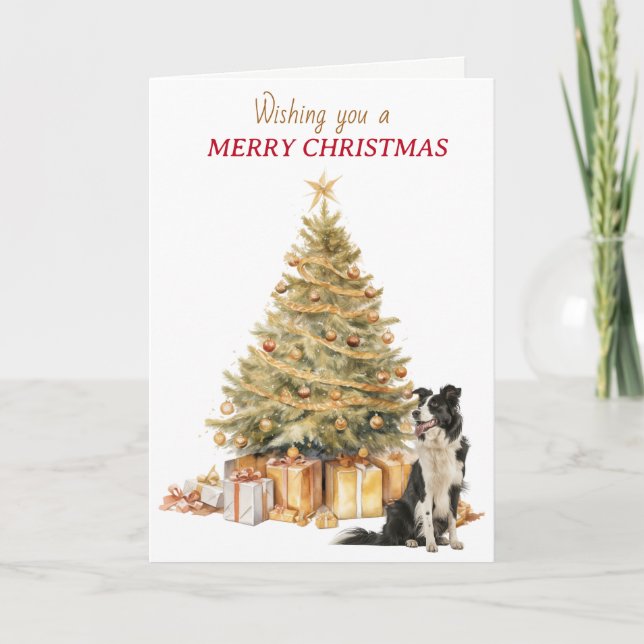 Gold Tree Border Collie Christmas Card (Front)