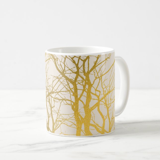 Gold Tree Branches Pattern Beige Background  Coffee Mug (Front Right)
