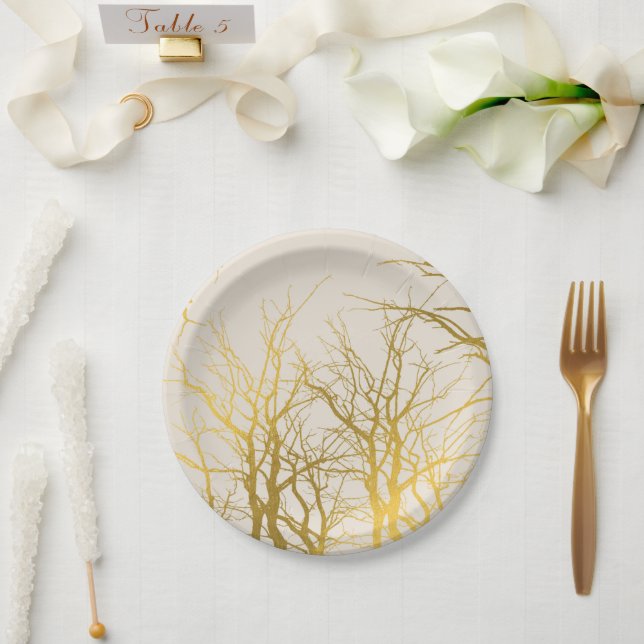 Gold Tree Branches Pattern Beige Background  Paper Plates (Wedding)