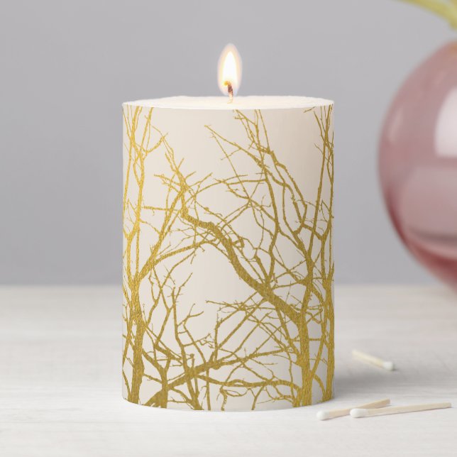 Gold Tree Branches Pattern Beige Background Pillar Candle (In Situ)