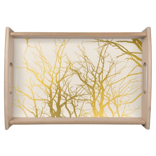 Gold Tree Branches Pattern Beige Background Serving Tray (Front)