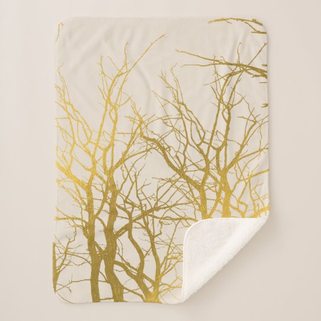 Gold Tree Branches Pattern Beige Background  Sherpa Blanket (Front)