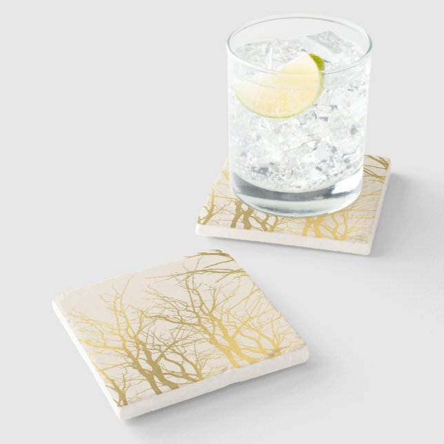 Gold Tree Branches Pattern Beige Background  Stone Coaster (Side)